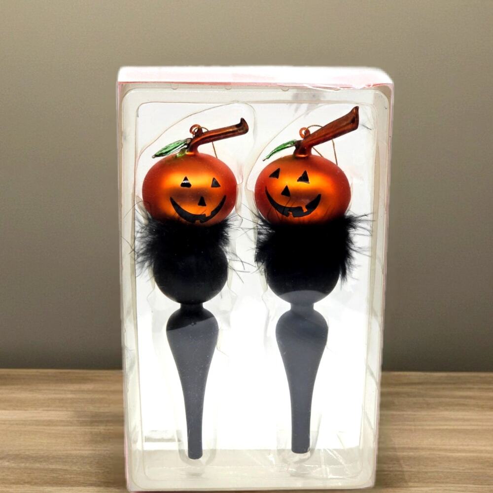 Happy Halloween Glass Jack‑o‑Lantern Ornaments Feather Accents Pumpkin Decor